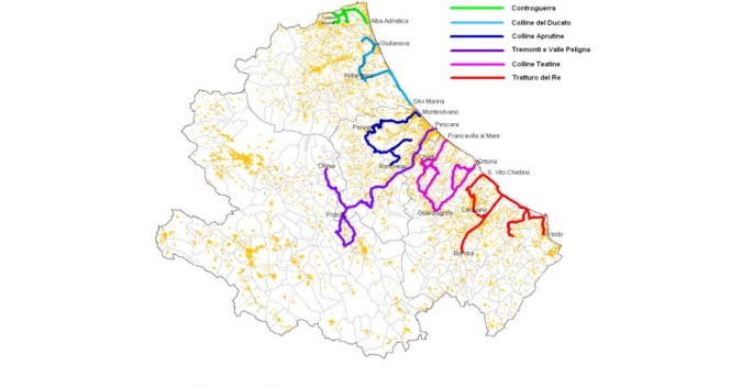 Mappa con le sei strade del vino in Abruzzo